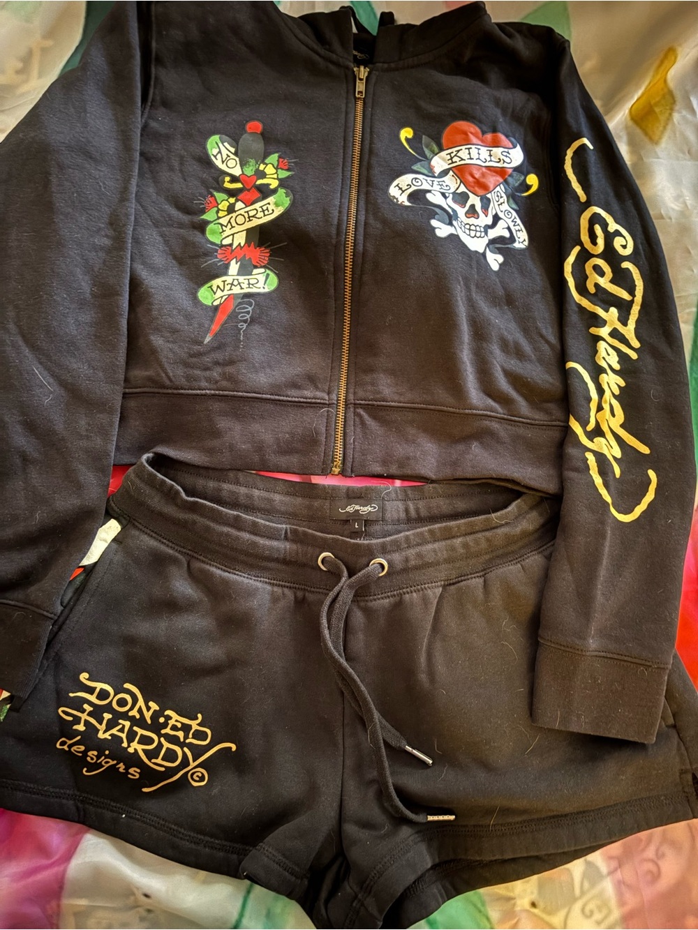 Ed Hardy Black Womens Zip Hoodie & Shorts with Colorful Tattoo Graphics
